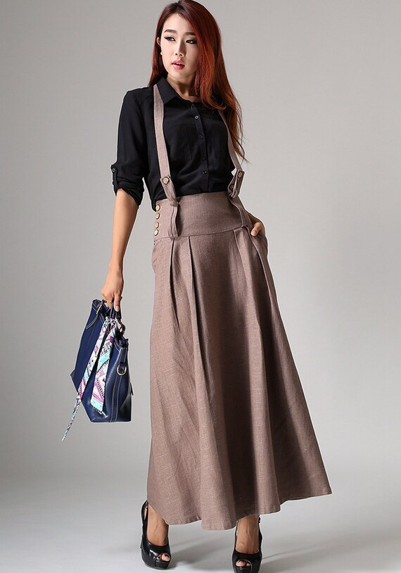 Suspender Maxi Skirt Suspender Skirt Linen Skirt Brown - Etsy Norway