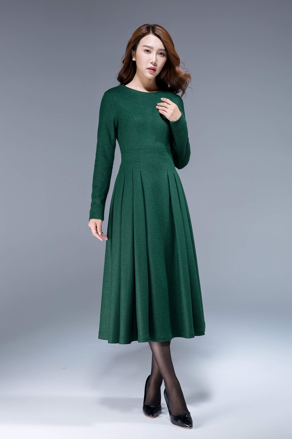 Green dress wool dress midi dress pleated dress fit and Etsy