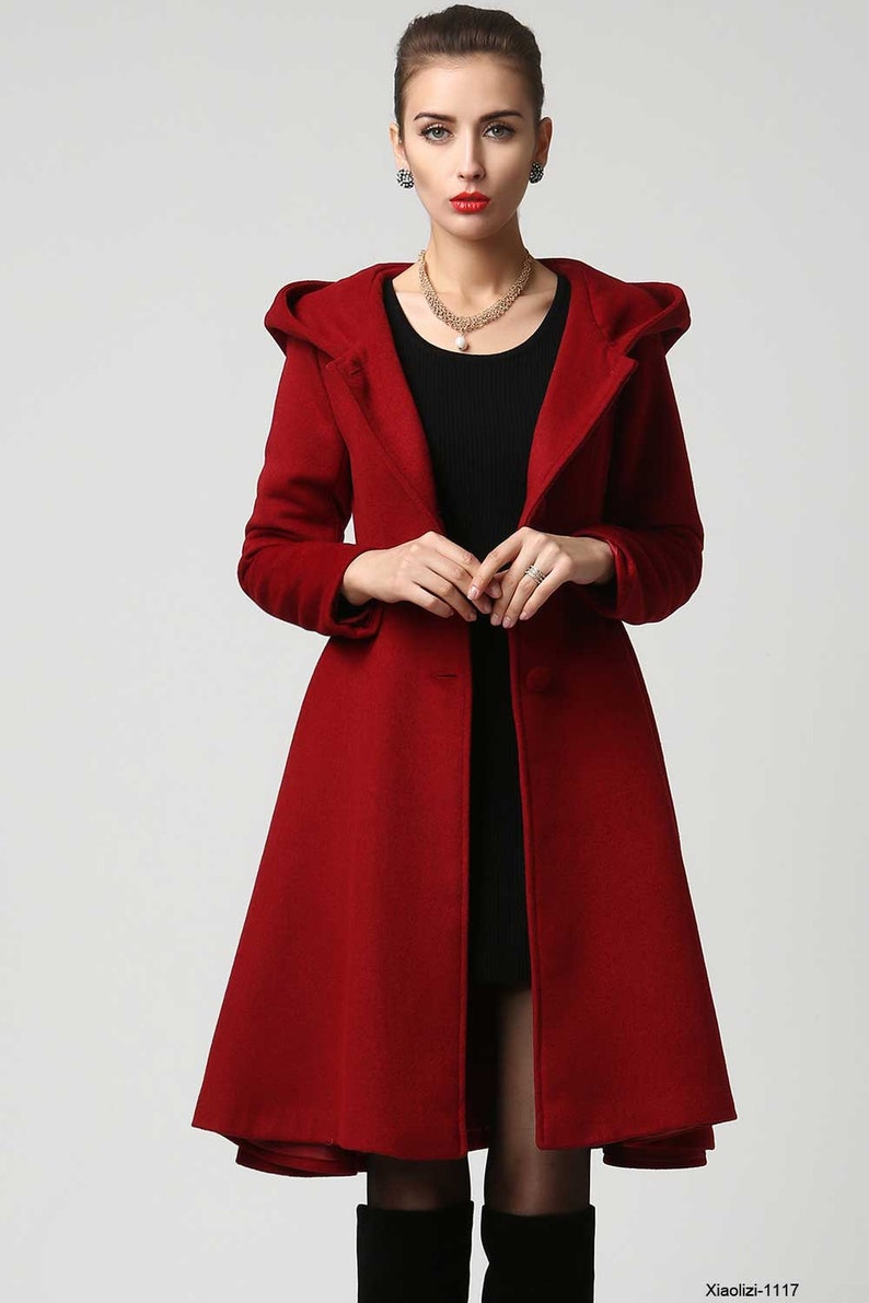 Women's Winter Single breasted wool Coat, red swing hooded princess coat, warm winter outwear, Hooded wool coat, Christmas coat 1117 image 8