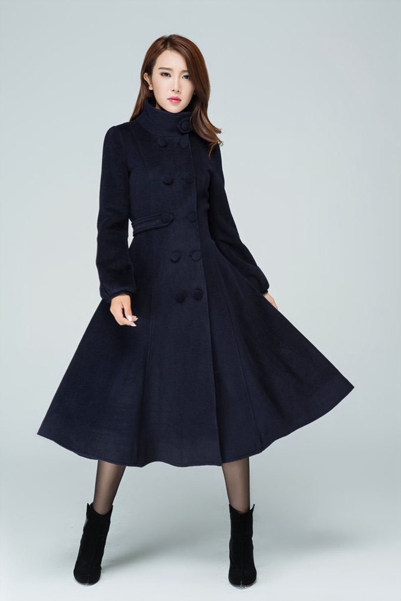 Navy blue coat, wool coat, warm winter coat, midi coat, womens coat, Fitted coat, double breasted coat, high collar, handmade coat 1600 image 2