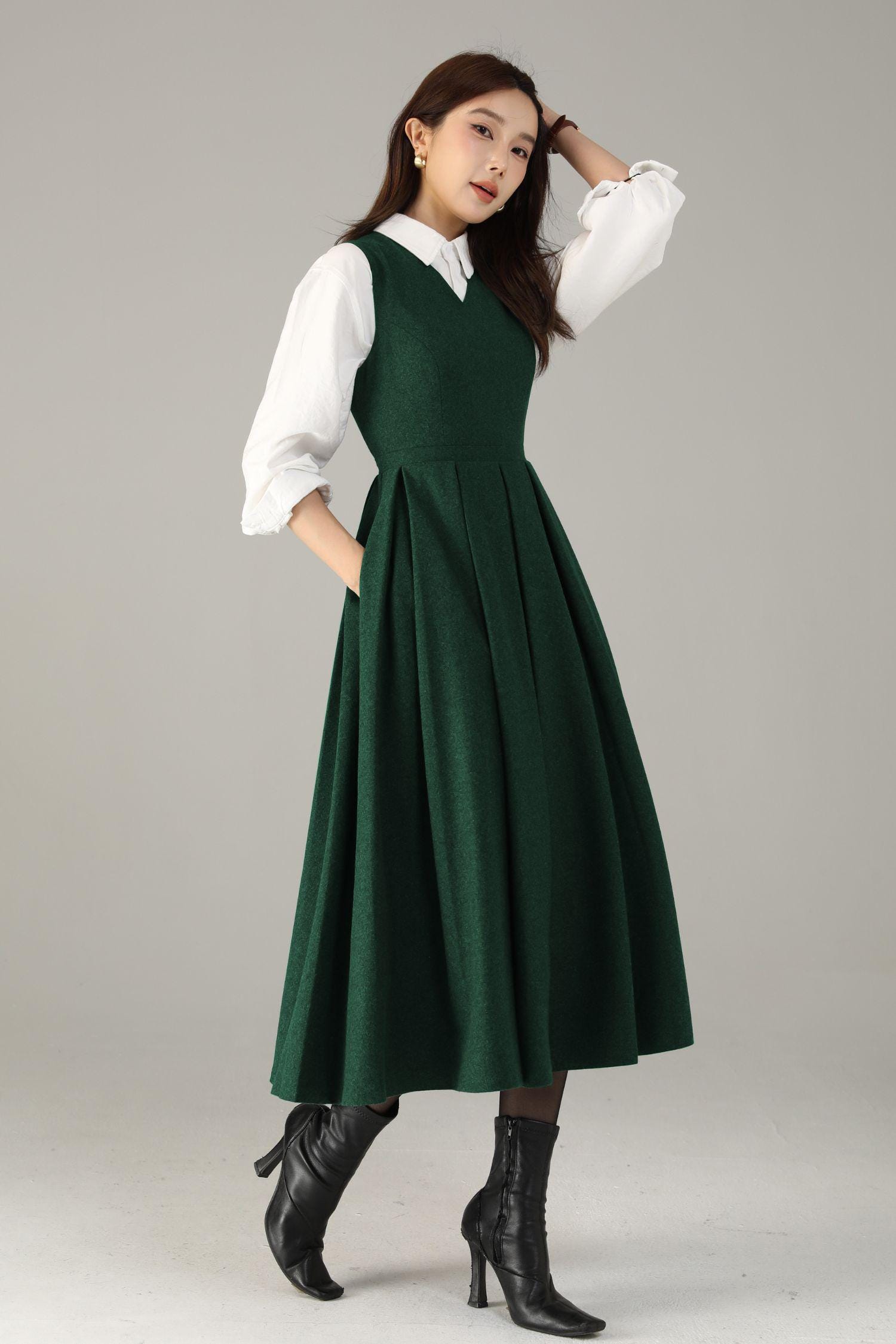 Dark Green Wool Midi Dress: Sleeveless Pleated A-line Pinafore