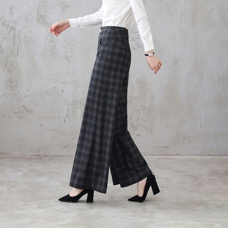 Long Plaid Wide Leg Wool Pants, Vintage Inspired Women's Pants, High Waist Pants with Pockets, Baggy Pants, Plus Size Pants Xiaolizi 3124 image 3