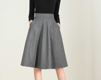 Short A Line Wool skirt in gray, High waist skirt, Midi skirt, winter skirt for women, A line wool skirt with pockets, Plus size skirt 2435#