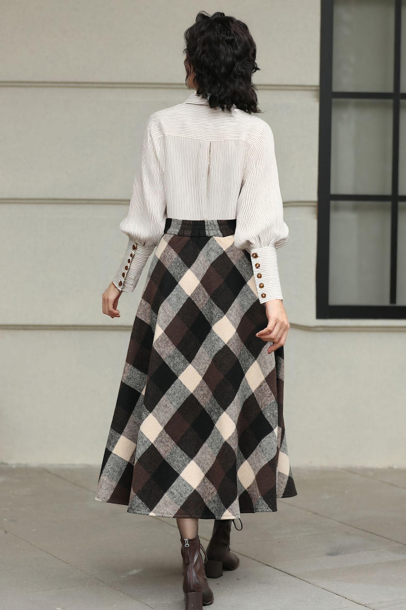 Plaid Wool Midi Skirt: High Waisted A-Line Vintage Style, Plus size, Custom, Xiaolizi 6421# image 6