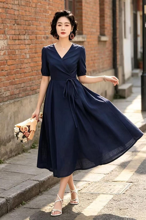 navy midi work dress A Line Daffodil Bateau Neck Midi Work Dress with Short Sleeves