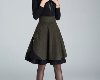 Short wool skirt, winter skirt, layered skirt, skater skirt, womens skirt, pleated wool skirt, patchwork skirt, green skirt 1627