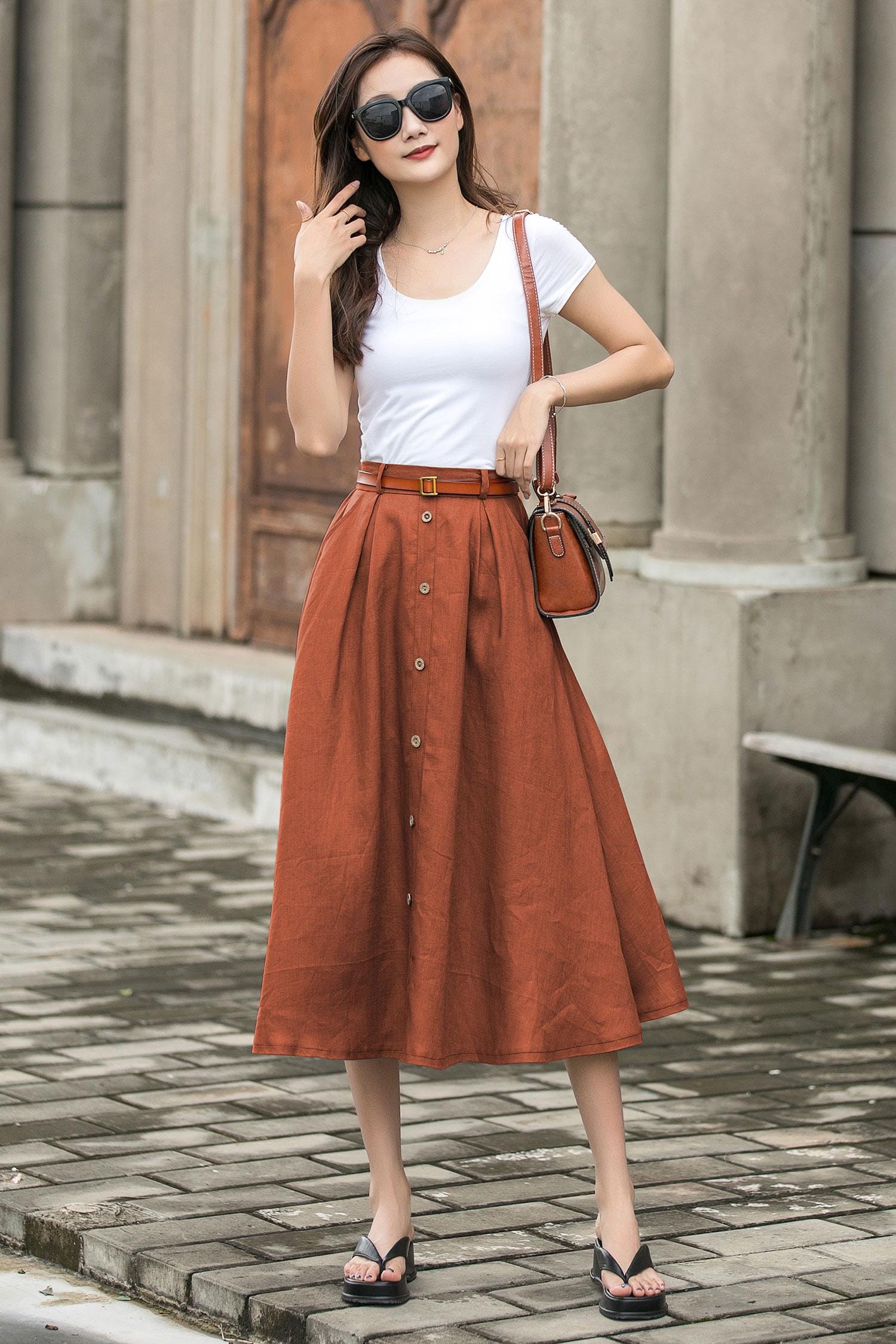 Rust Red Linen Rust Red Linen Women Skirt, A-line Midi Summer High Waisted Button ...