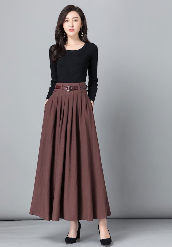 Brown A -Line Swing Pleated Linen Maxi Skirt 2539 Brown A -Line Swing Pleated Linen Maxi Skirt 2539
