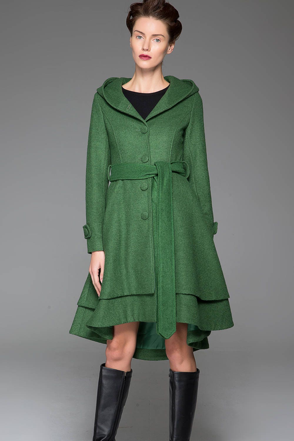 Green wool coat wool coat with hood women coat asymmetrical | Etsy