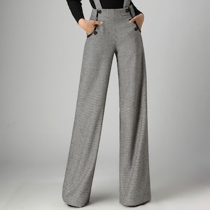Gray Plaid Suspender Wool Pants Women, Autumn Winter Straight-leg Pants ...