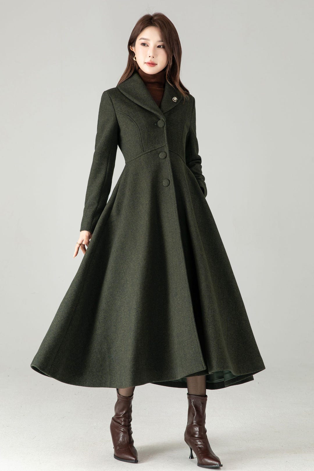 Army Green Wool Blend Maxi Coat – Herringbone A-line Winter Coat