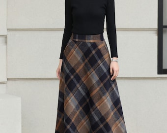 Femme Rétro à Carreaux Jupe Midi Trapèze Plissé Taille Haute Grande Hiver Chaud