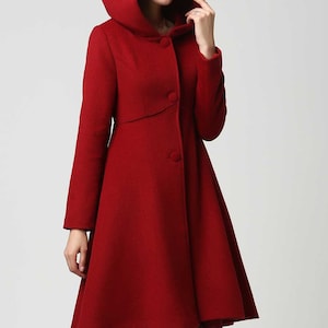 Women's Winter Single breasted wool Coat, red swing hooded princess coat, warm winter outwear, Hooded wool coat, Christmas coat 1117 image 5