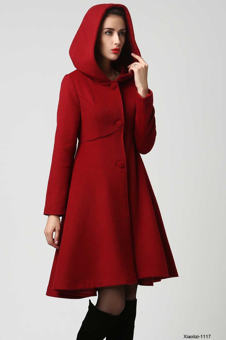 Women's Winter Single breasted wool Coat, red swing hooded princess coat, warm winter outwear, Hooded wool coat, Christmas coat 1117 image 5