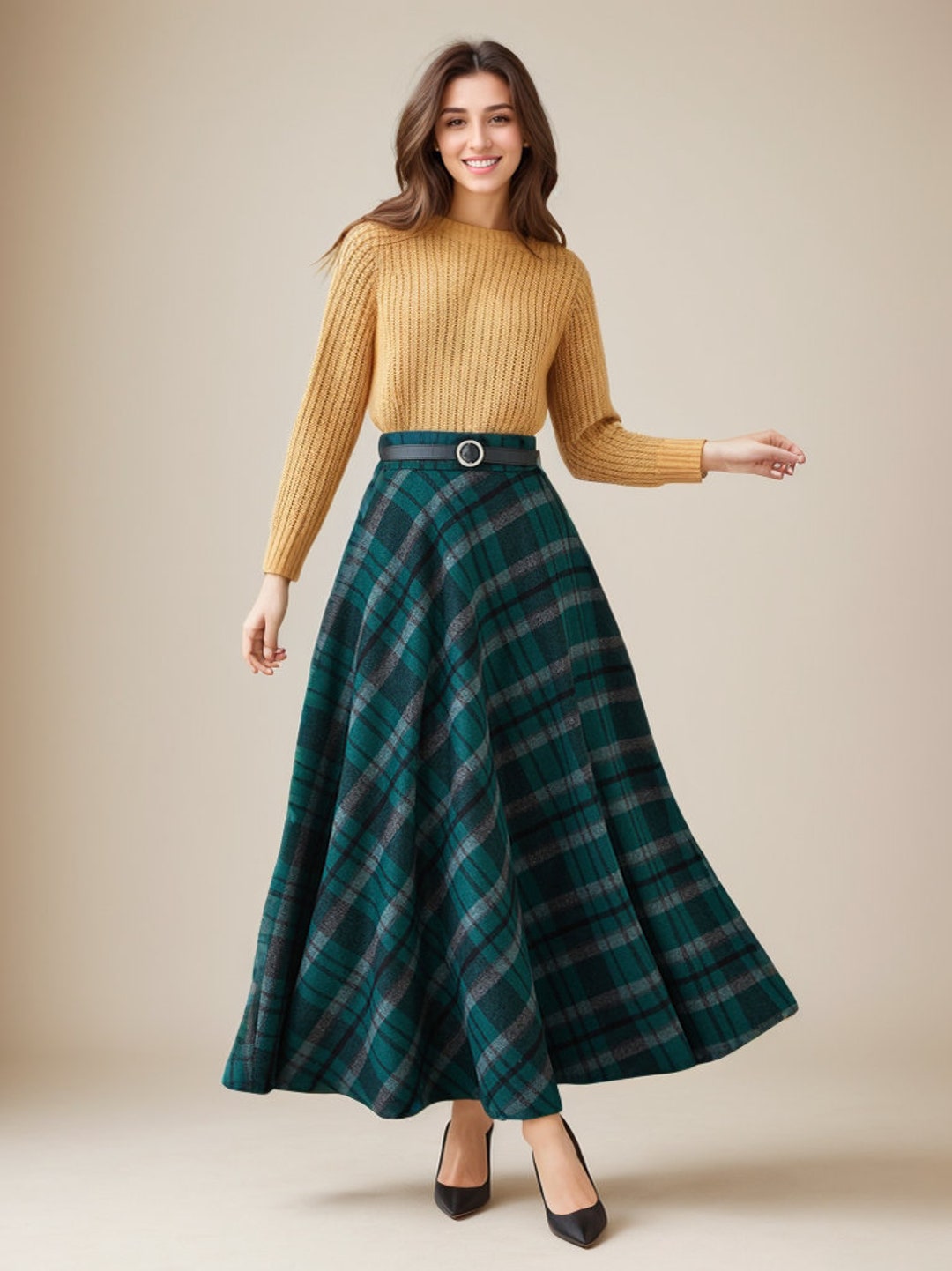 トップス ollun pin check wool gilet long skirt Vintage Inspired Long Wool Plaid Skirt, Maxi Wool Skirt