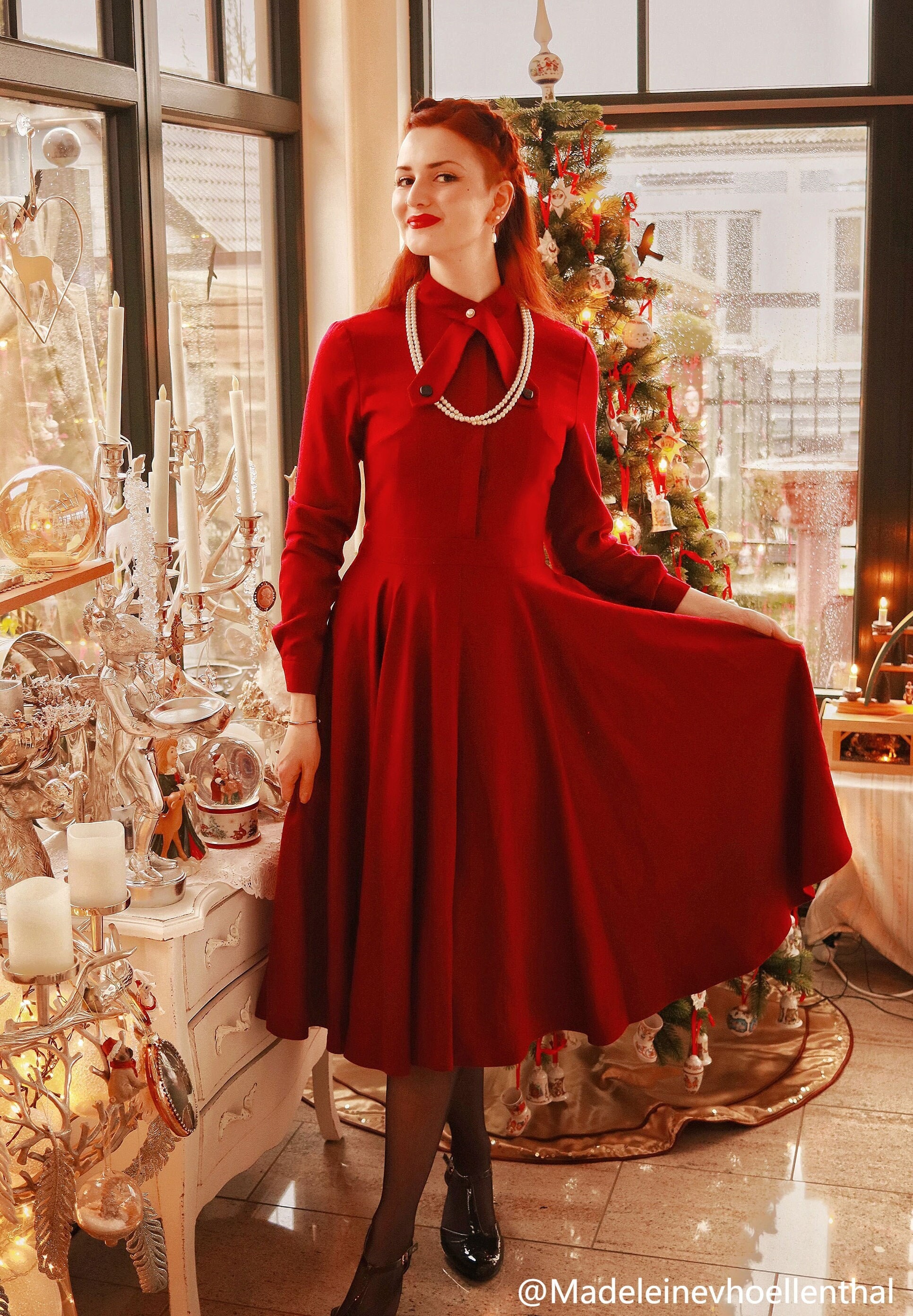 Burgundy Wool Swing Dress: Vintage Inspired Fit & Flare Midi