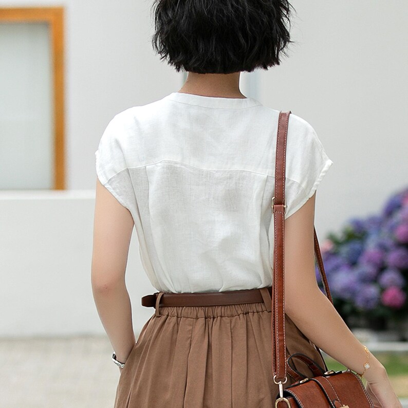 Blusa blanca de lino puro, estilo vintage con botones en la parte delantera, ideal para la oficina en verano, Xiaolizi 5992 imagen 5