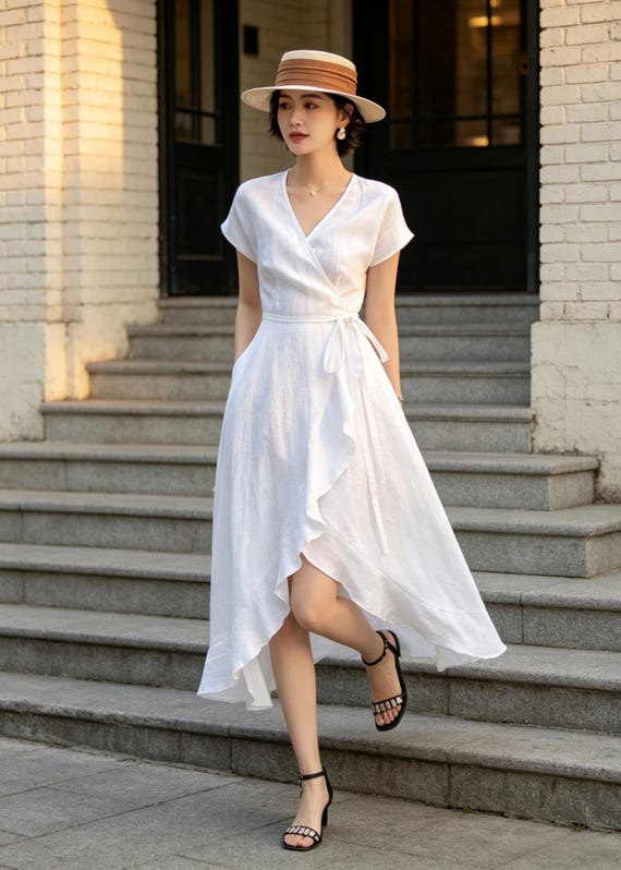 white asymmetrical wrap dress French Style Linen Dress, Ruffle Midi, Custom Size Summer Wedding Guest Dress, Cottagecore Breathable Sundress, Xiaolizi 6743 lace-up Lavetir Mother of the Color:Bubblegum Style with heeled sandals
