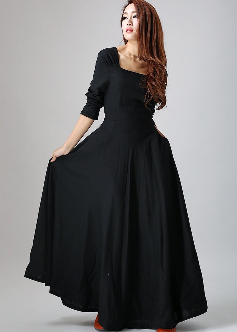 Linen dress, Long sleeve Linen Maxi dress with pockets, Women Linen dress, Black Linen dress, Spring autumn dress, Custom dress 0793 3-Black