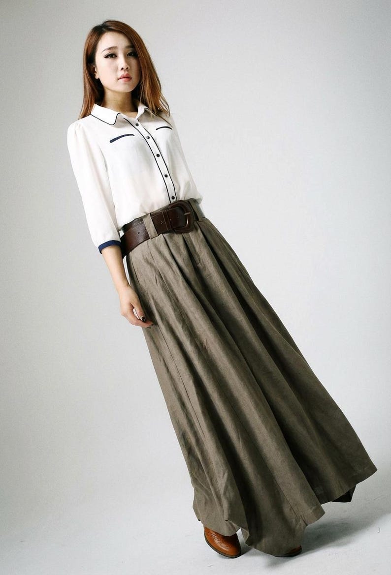 Linen Maxi Skirt, Big Pockets, Asymmetrical Long Skirt, Custom, Xiaolizi 0905# image 1
