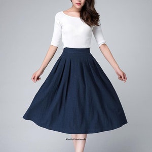 High Waist A Line pleated midi skirt, Women's swing vintage skirt with pockets, Linen midi skirt, Xiaolizi 1500 image 9