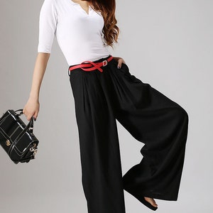 Black linen pants outfit summer casual street styles, Women's Wide leg linen pants with pockets, Long linen palazzo pants 0873 image 5