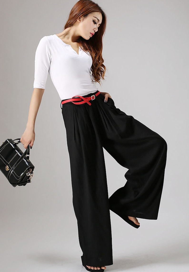 Black linen pants outfit summer casual street styles, Women's Wide leg linen pants with pockets, Long linen palazzo pants 0873 image 5