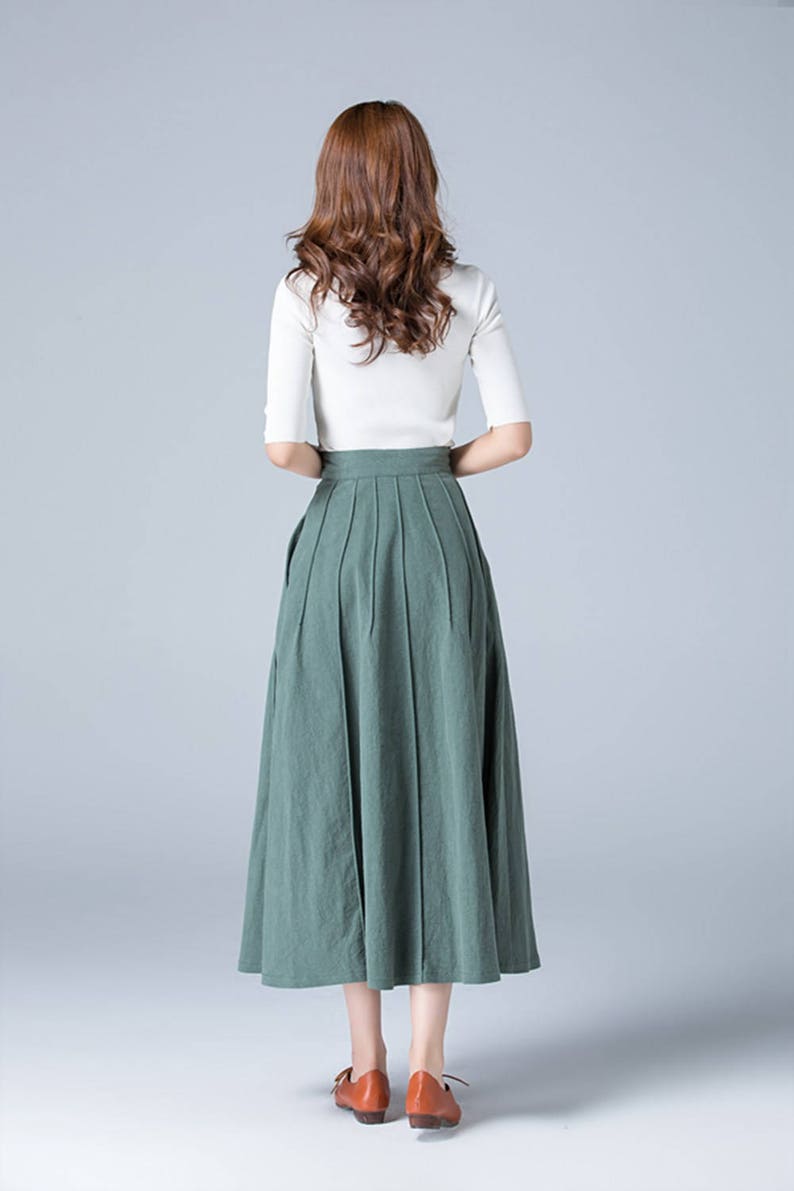 Green Skirt Linen Skirt Full Skirt Casual Skirt Button - Etsy