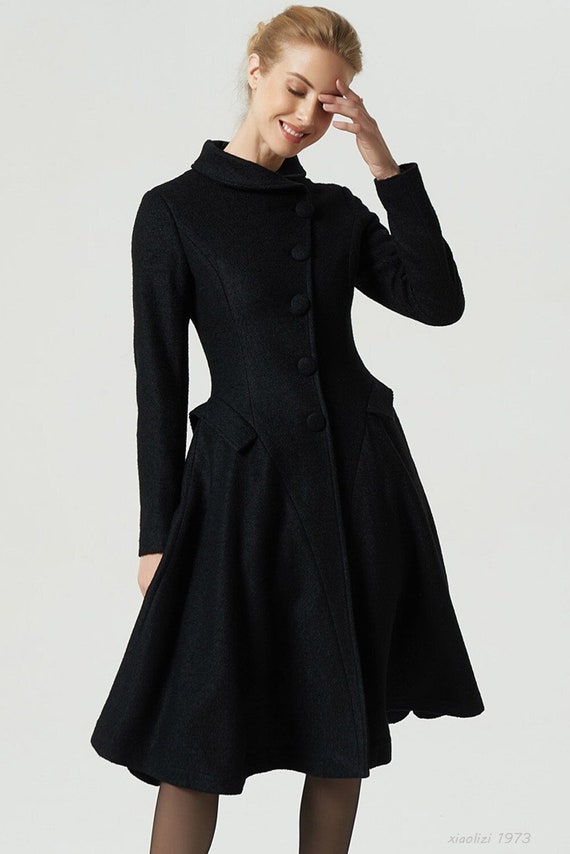 Vintage Inspired Swing Coat, Black Wool Coat, Wool Coat Vintage Inspired Swing Coat, Black Wool Coat, Wool Coat