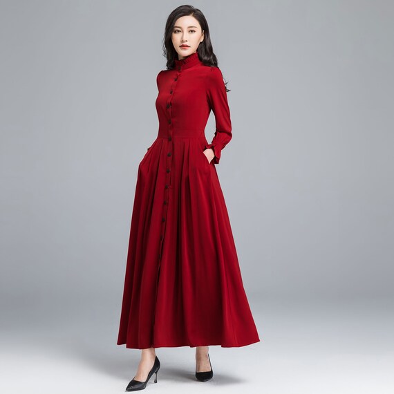 Long Sleeve Red Maxi Dress Button Front 