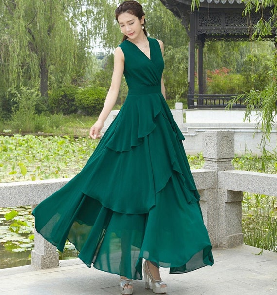 Green Chiffon Dress, Women's Bohemian Dress, Bridesmaid Dress