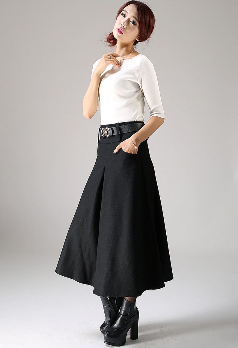 A line Midi skirt, wool skirt, Black skirt, winter skirt, pockets skirts, pleated skirt, woman skirt, warm skirt, custom skirt 1084 image 2