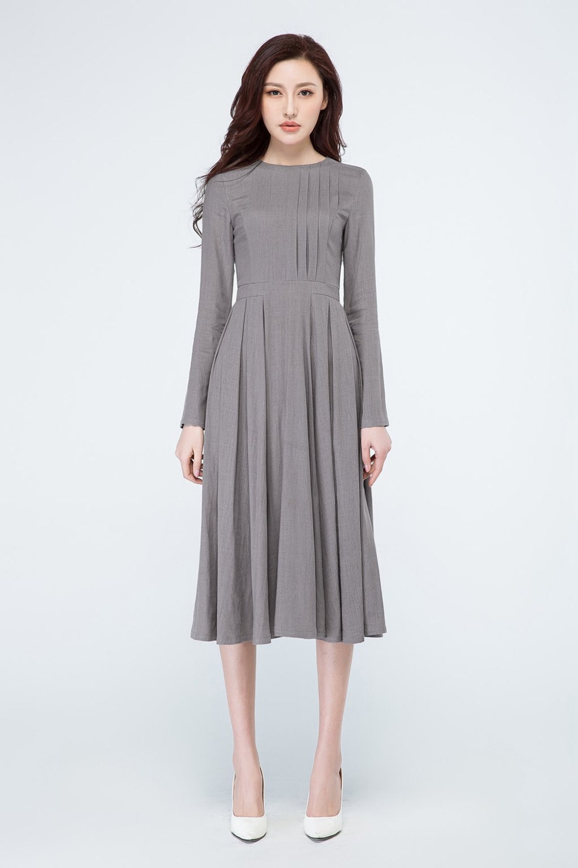 Gray Dress Women Crew Neck Linen Dress Long Sleeve Linen - Etsy