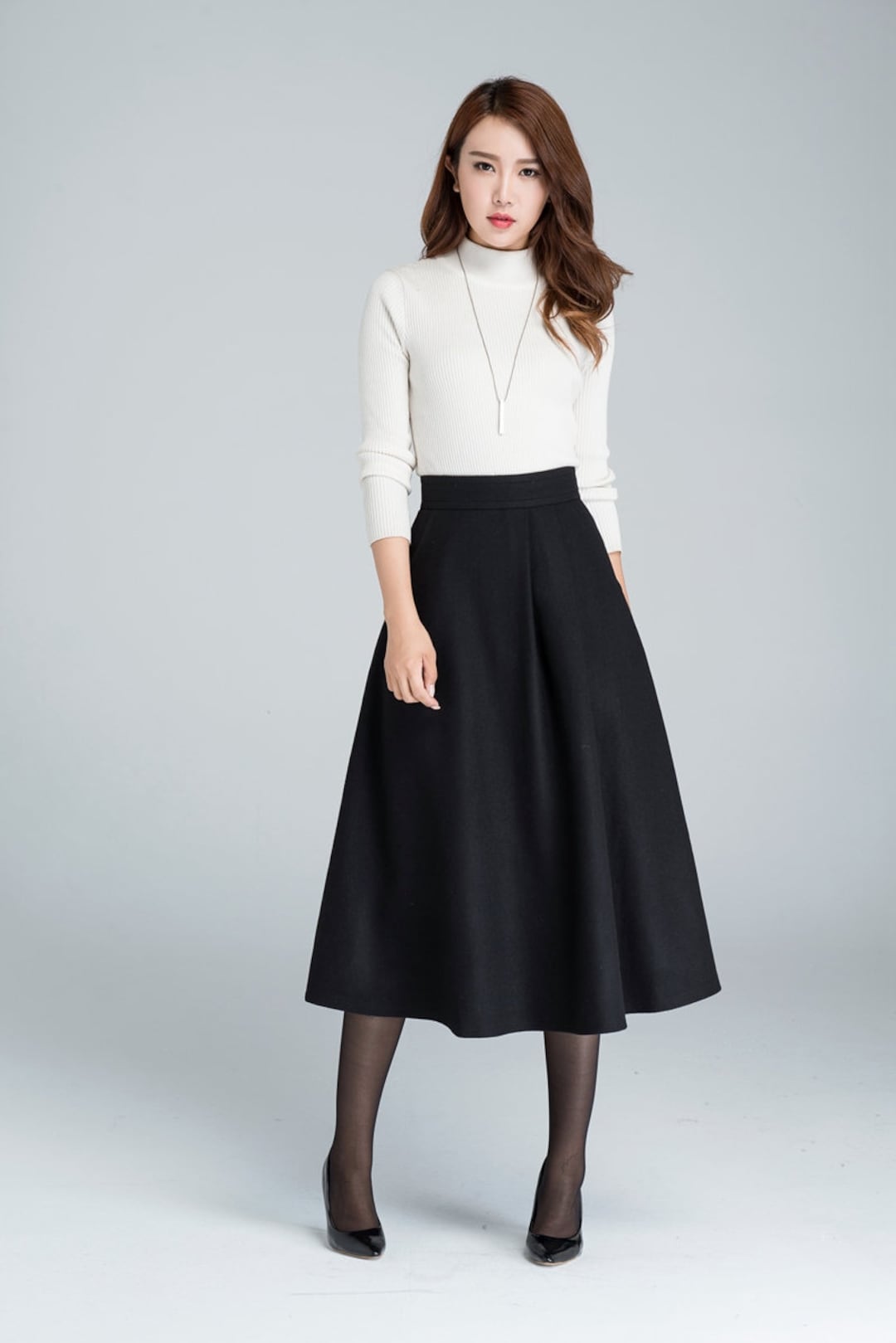 A Line Midi Skirt, Midi Wool Skirt, Wool Skirt, Woman Skirt, Black ...