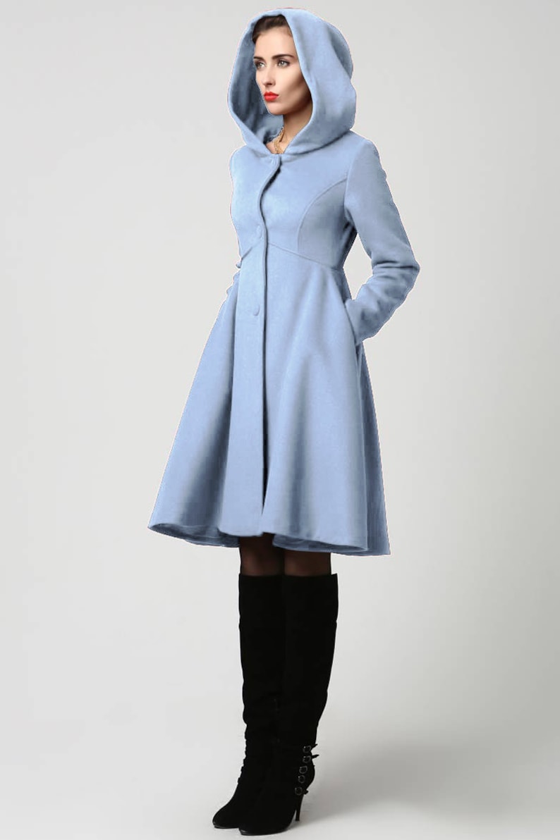 Hooded Wool coat in blue, Wool coat women, winter coat women, Vintage inspired Swing coat, Wool Princess coat, Custom made coat 2648 6-Light blue