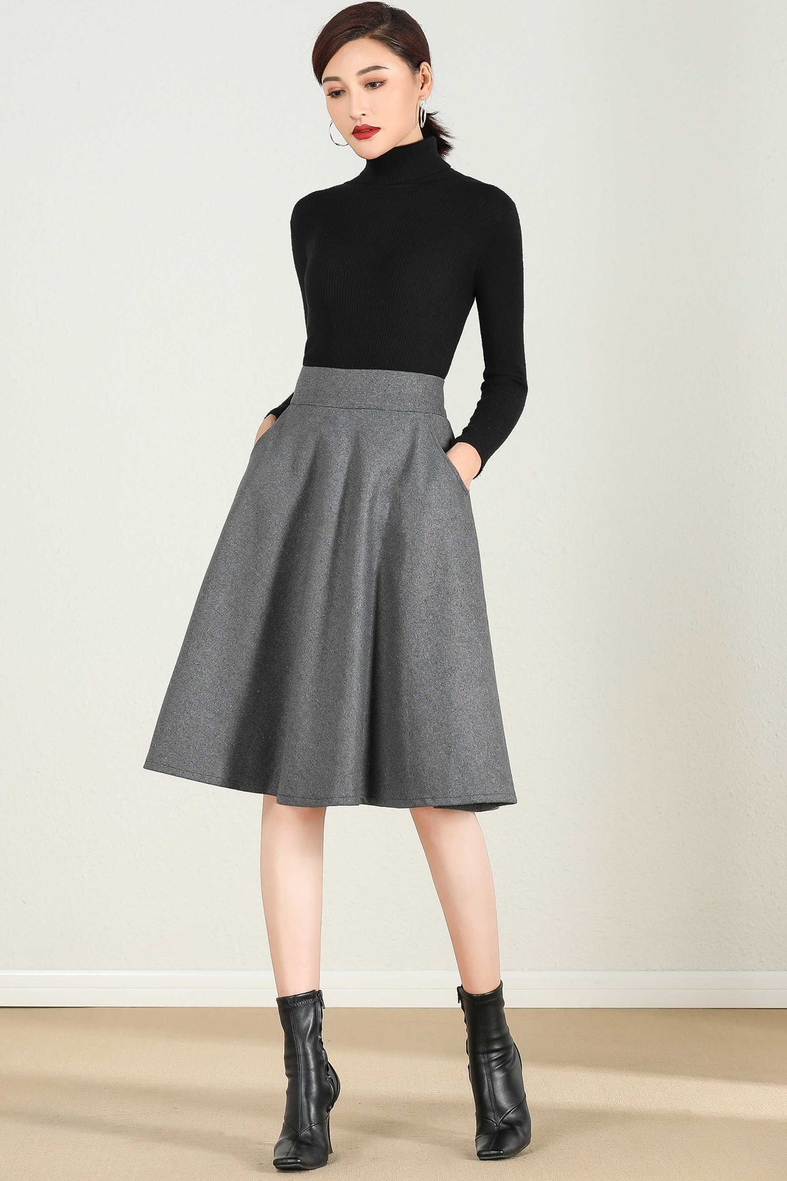 Short A Line Wool Skirt in Gray High Waist Skirt Midi Skirt | Etsy