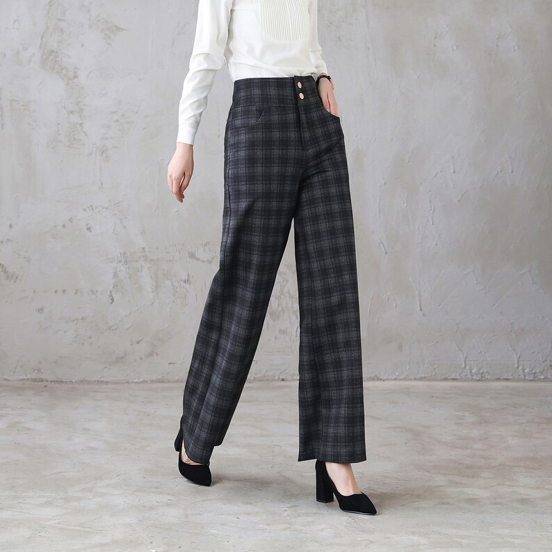Long Plaid Wide Leg Wool Pants, Vintage Inspired Women's Pants, High Waist Pants with Pockets, Baggy Pants, Plus Size Pants Xiaolizi 3124 image 2