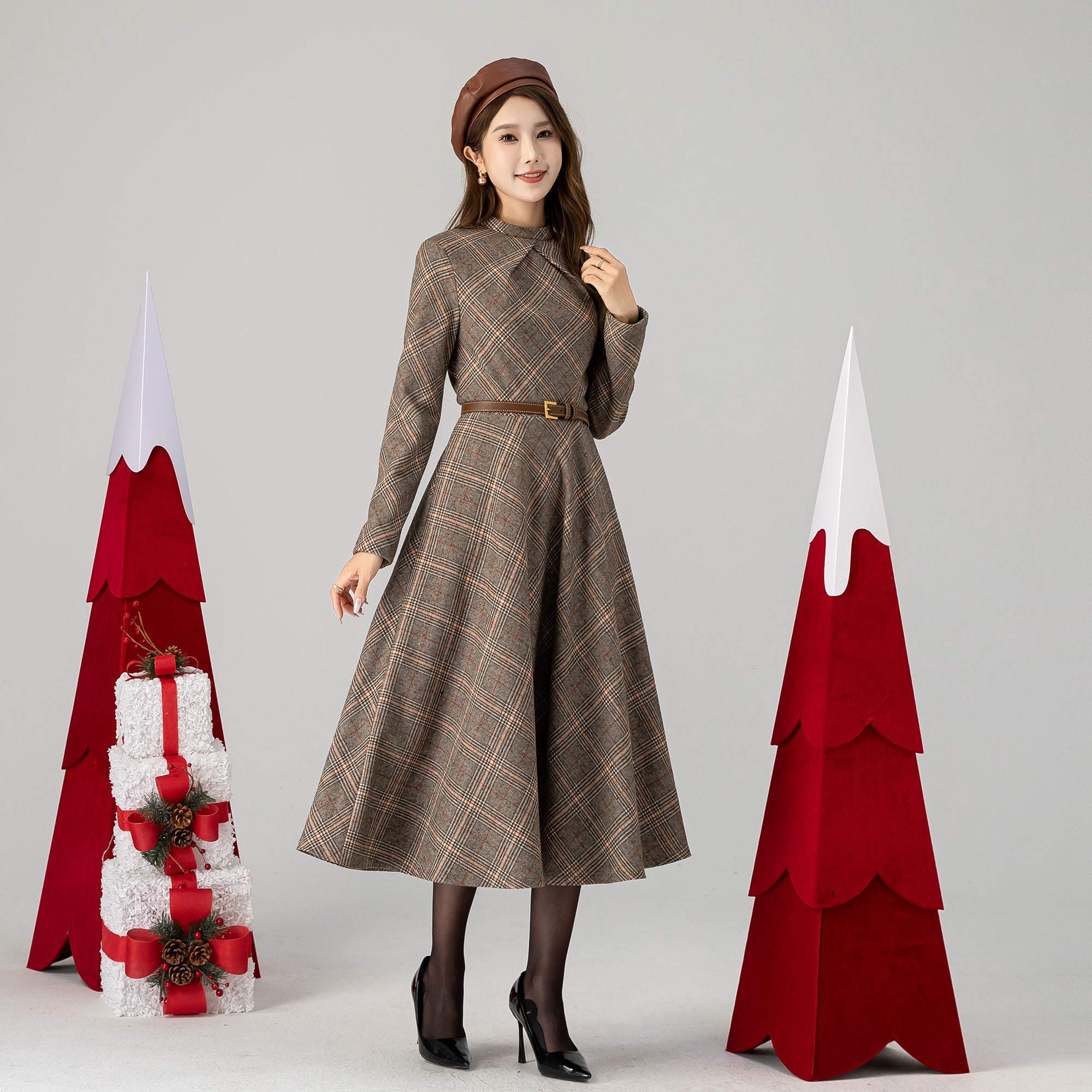 Plaid Wool Dress, Vintage Inspired Wool Dress, Long Sleeves Plaid Wool Dress, Vintage Inspired Wool Dress, Long Sleeves