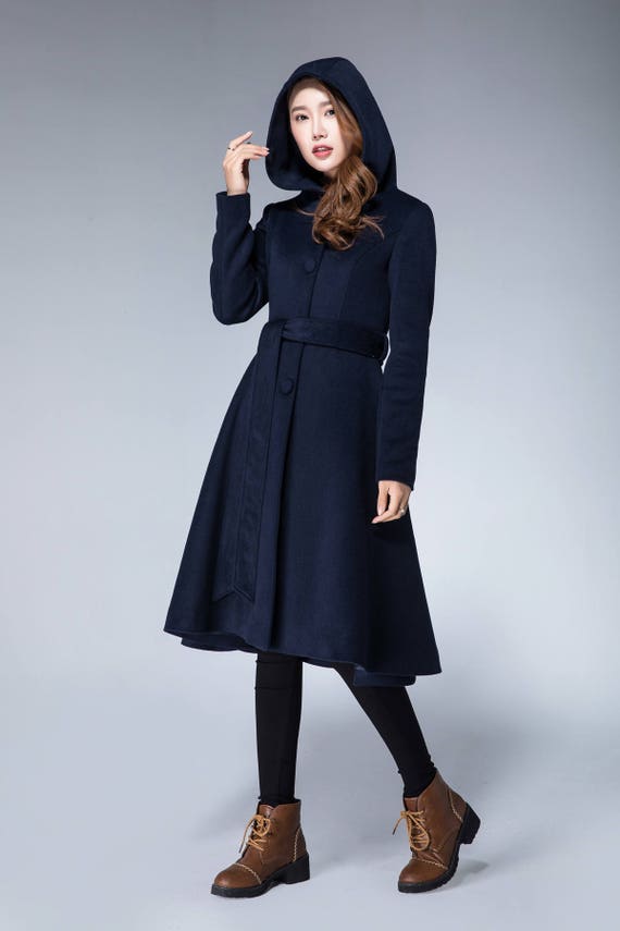 Wool Coat With Hood, Belted Coat, Navy Blue Coat, Mod Coat, Hooded Wool Coat,  Warm Jacket, Long Winter Coat, Casual Coat, Womens Coats 1868 -  Canada
