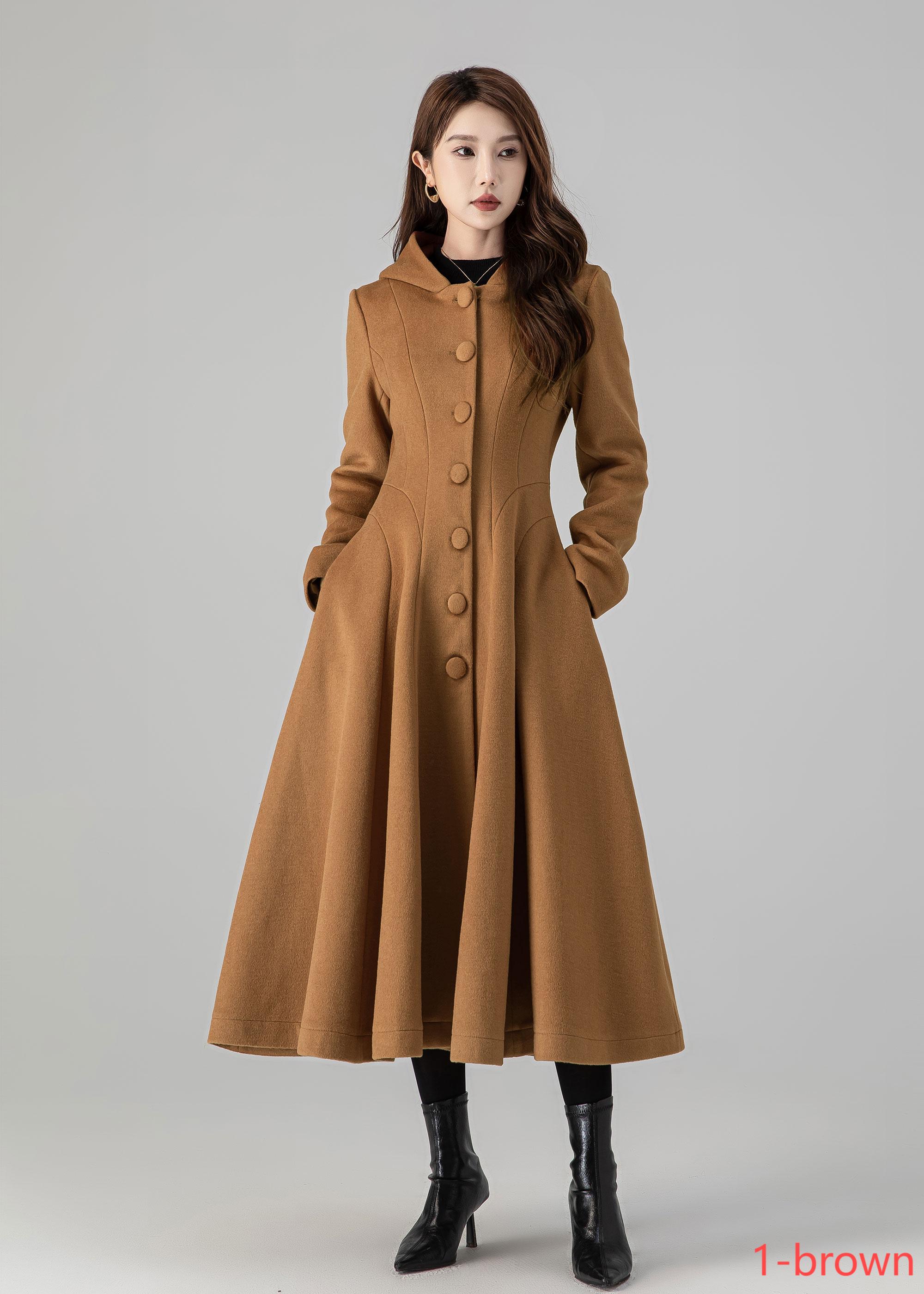 Brown Hooded Wool Coat Women, Warm Wool Coat Women, Long Wool Coat