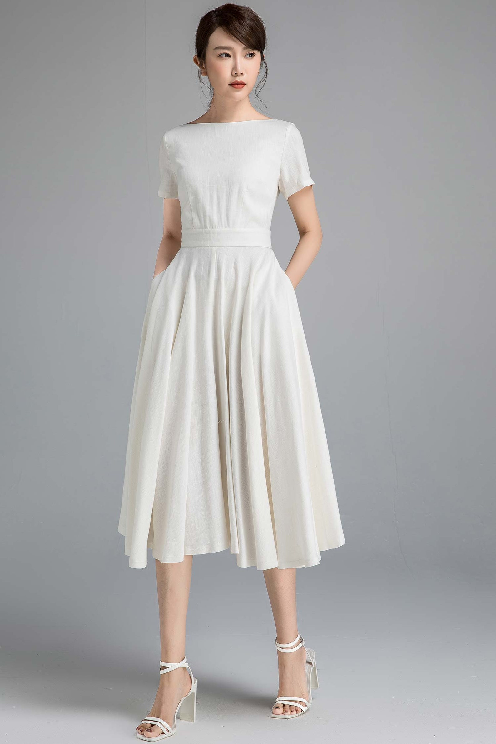 White Linen Dress White Dress Women Short Sleeve Linen Midi Dress 