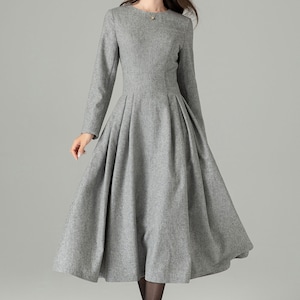 Long black dress, wool dress, winter dress, long women dresses, pleated dress, handmade dress, ladies dresses, long sleeve dress 1614 3-Gray