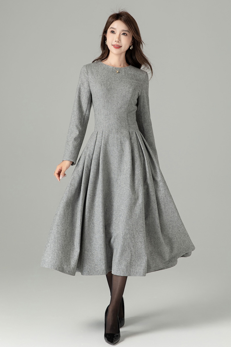 Long black dress, wool dress, winter dress, long women dresses, pleated dress, handmade dress, ladies dresses, long sleeve dress 1614 3-Gray
