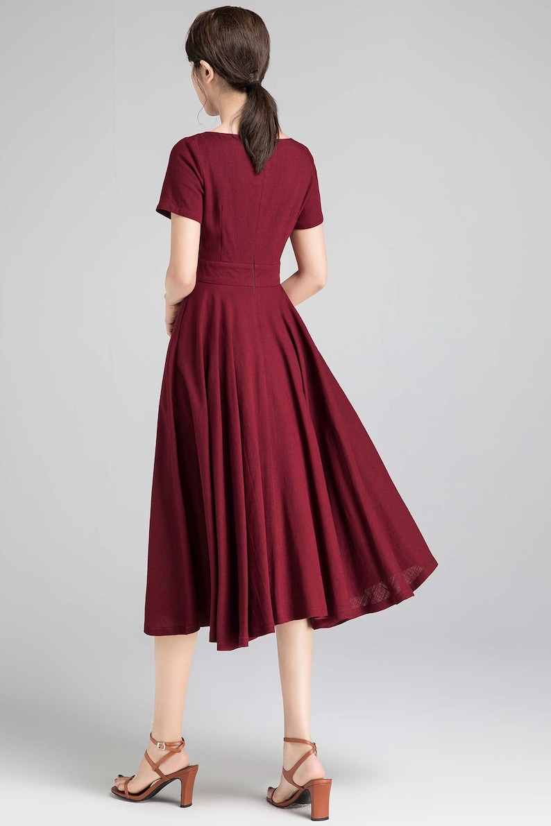 Fit and flare Midi dress in Burgundy, Boat Neck swing Dress with Pockets, Short Sleeve Party dress, Mother of the bride dress 2336 image 6