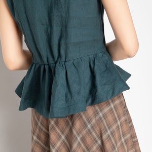 Women Green Sleeveless Button Up Linen Shirt, Summer Linen Shirt, Retro Ruffle Sleeve Linen Shirt, Loose Shirt, Causal Handmade Tops 4251 image 8