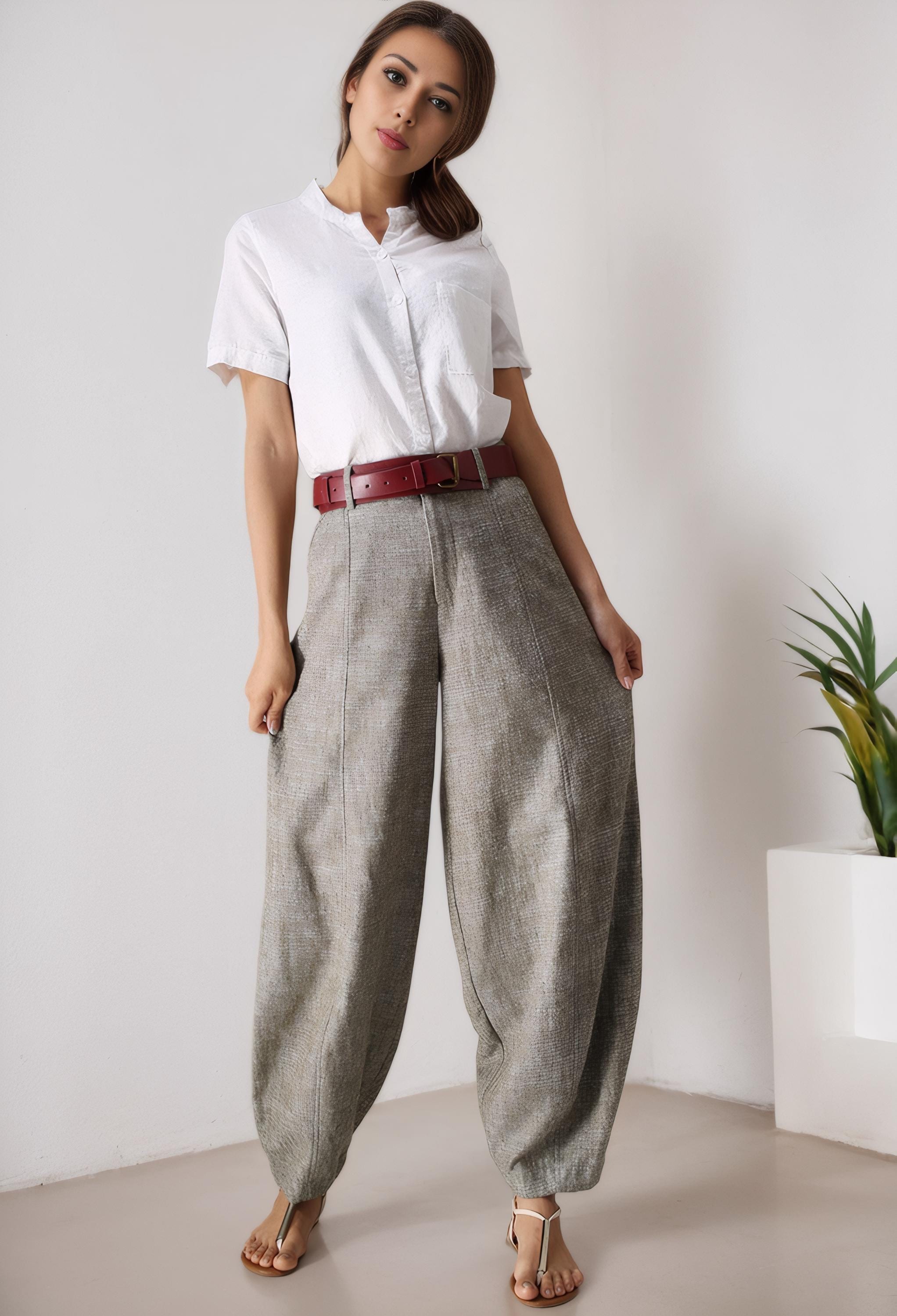 Women's Linen Baggy Pants, Washed Linen Pants, Long Linen