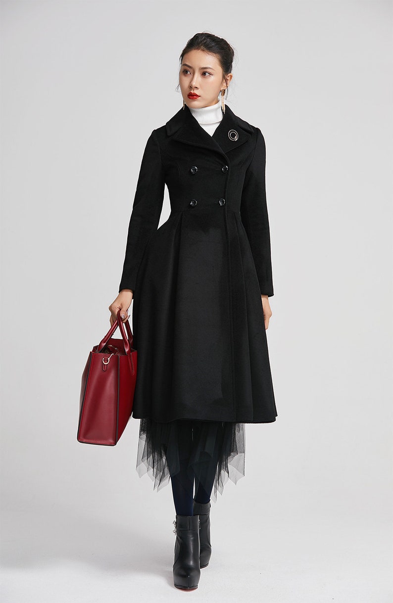 Xiaolizi Women Black Lapel Double Breasted Wool Pleated Coat | Etsy