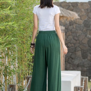 Palazzo Pants, Green Casual Pants, Elastic Waist Wide leg Linen Pants, Long Trousers, Loose Fit Pants, Xiaolizi, Plus Size Palazzo 2879 image 5