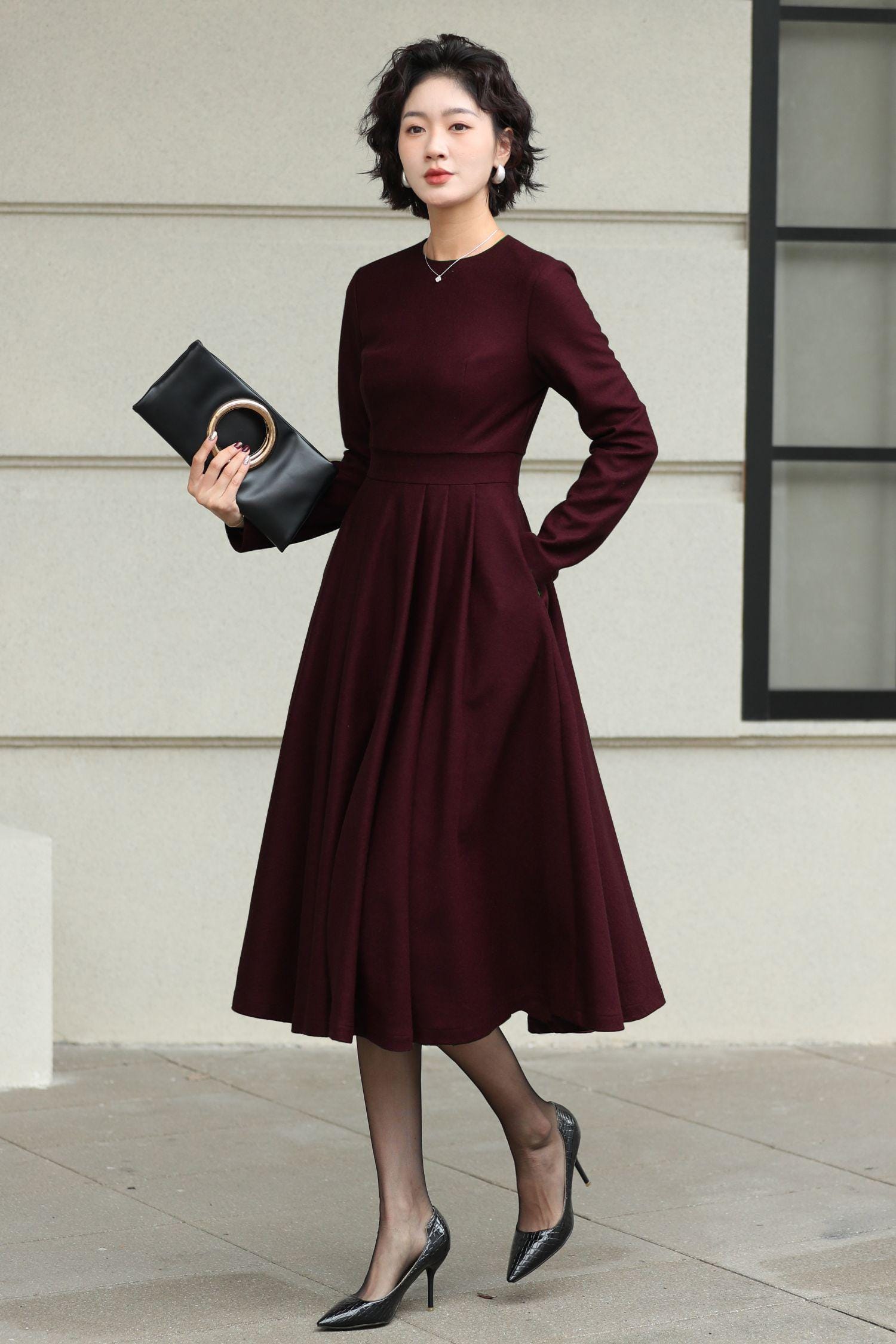 burgundy office dress Vintamour Women's Elegant Burgundy Autumn Office Dress,Vintage Classic  Fitted Boat Neck 3/4 Sleeve Red Wine Dress With Waist Strap And  Button,Christmas Outfit