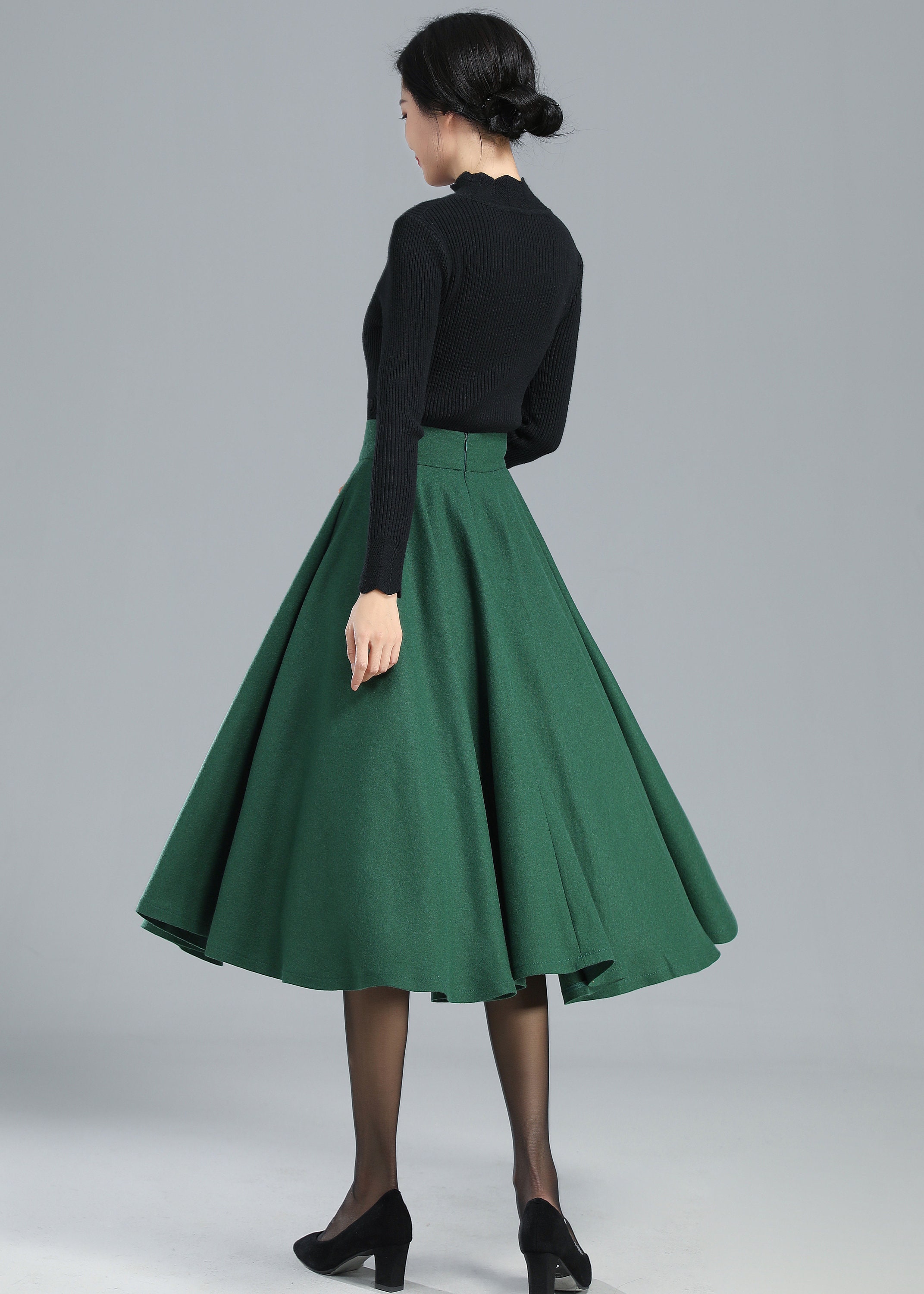 ◆Loulouseoul◆ Joy Wool Check Midi Skirt Green Womens Midi Green Wool Skirt, Winter Skirt, Button Down